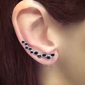 Sterling Silver ear climber, one hole long crawler earrings with black zircon gold climbings