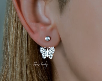 Sterling Silver Butterfly Ear Jacket Earrings: CZ Studs