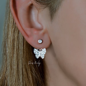 Sterling Silver Butterfly Ear Jacket Earrings, front back earrings, double sided, two way cz stud earrings, ear climbers