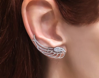 Sterling silver wing climber earrings, crawler cuff angel wings, butterfly, bridal jewelry, statement earrings, clear cz, gold filled option