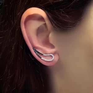 Climber Earrings Sterling Silver Teardrop crawler with clear & black zircon