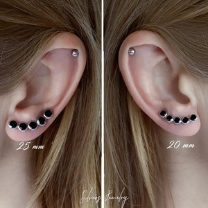 One Hole Ear climber sterling silver or gold filled crawler earrings with black zirconia, fake multi studs 1/0,8 inch, 20/25 mm