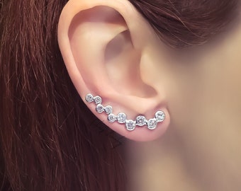 Sterling Silver ear climber, one hole long crawler earrings with clear zircon climbing