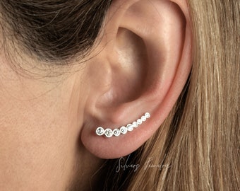 Sterling Silver tiny climber earrings. pair cubic ear crawler, clear zircon bar wrap, minimalist ear pin cuff, row of bezel-set, gold filled
