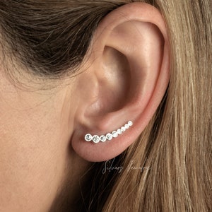 Sterling Silver tiny climber earrings. pair cubic ear crawler, clear zircon bar wrap, minimalist ear pin cuff, row of bezel-set, gold filled