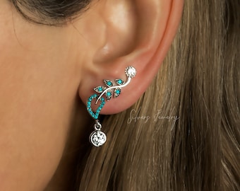 Sterling Silver Drop Climber Earrings crawler with blue turquoise gemstone and clear cz