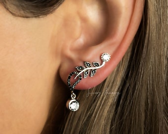 Sterling Silver Climber Earrings, drop solitaire, crawler ear stud pins with black cz