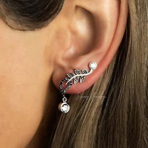 Sterling Silver Climber Earrings, drop solitaire, crawler ear stud pins with black cz
