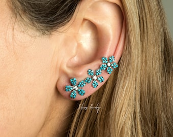 Sterling silver flowers climber earrings, daisy crawler with blue turquoise gemstone, chunky ear cuff, gold filled option