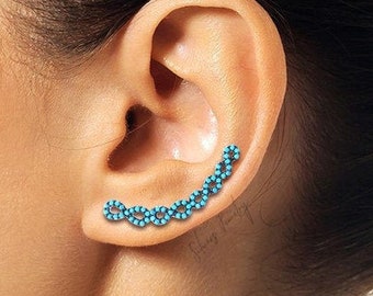 Sterling silver infinity ear climber, crawler earrings with blue turquoise gemstones