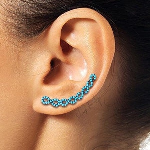 Sterling silver infinity ear climber, crawler earrings with blue turquoise gemstones