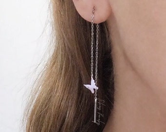 Sterling Silver Tiny Butterfly threader earrings with gold filled option minimalist little chain earrings pull through double hole