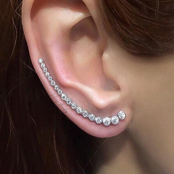 Grimpeur d’oreille en argent sterling ou boucles d’oreilles à manchettes longues à chenilles remplies d’or rangée de pierres cz claires serties de lunette