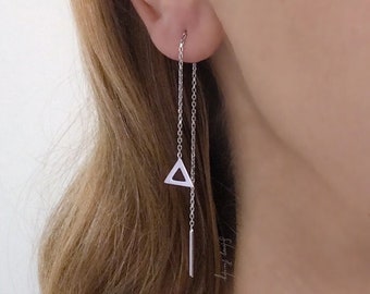 Minimal triangle sterling silver or gold filled threader earrings, tiny open trangle chain earrings