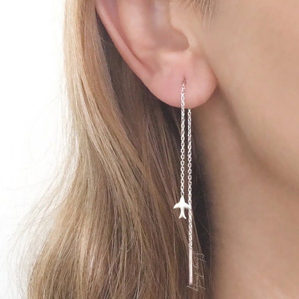 Sterling Silver Bird chain earrings,minimal threader earrings with gold filled option, pull through tiny bird