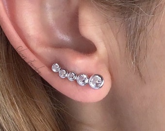 Sterling Silver ear climber, tiny crawler earrings with clear zircon,one hole fake multi cz, up to the cartilage earrings, 0,8 inch / 20 mm