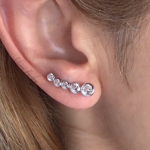 Sterling Silver ear climber, tiny crawler earrings with clear zircon,one hole fake multi cz, up to the cartilage earrings, 0,8 inch / 20 mm