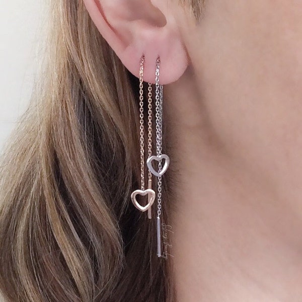 Sterling Silver Tiny Open Heart threader earrings with gold filled option, minimalist chain earrings, pull through, double hole