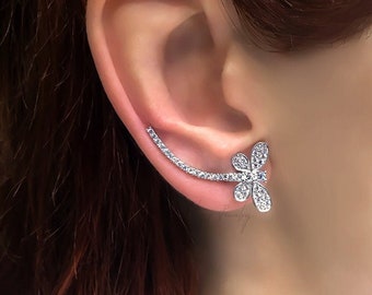 Dragonfly Sterling Silver Ear Climber Earrings crawler with clear zircon