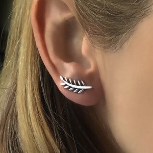 Sterling Silver Branch Ear Climber Earrings  minimalist tiny leaf plain crawler cuff with Gold Filled option