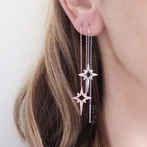 Sterling Silver Polaris threader earrings, cute winter star long chain earrings with gold filled option, pull through, double hole