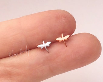 Sterling silver tiny dragonfly stud earrings, small minimalist pins, gift for her, kids, todler,girls and children, with gold filled option