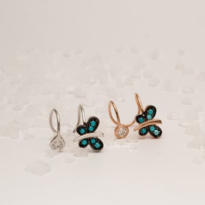 Sterling Silver non pierced buterfly ear cuff, upper cartilage earrings, fake helix piercing with turquoise gemstone rose gold filled option
