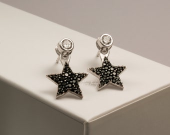 Sterling Silver Little Star Ear Jacket Oorbellen, voorste achter oorbellen, dubbelzijdig, tweeweg zwarte cz stud oorbellen, oorklimmers