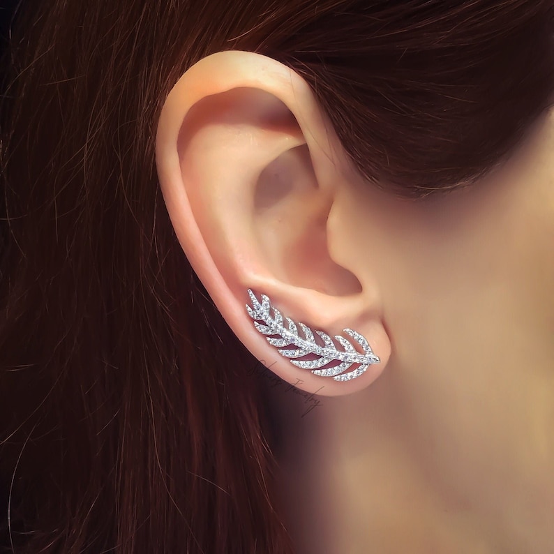 Sterling Silver ear climber, leaf earrings glaromous crawler with clear zircon image 1