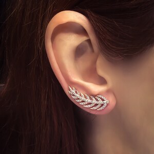 Sterling Silver ear climber, leaf earrings glaromous crawler with clear zircon image 6