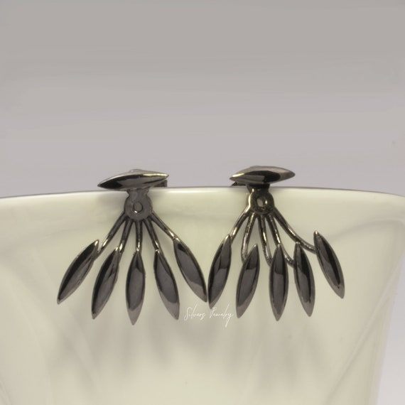 Sterling Silver Sunburst Ear Jacket Earrings, Front Back