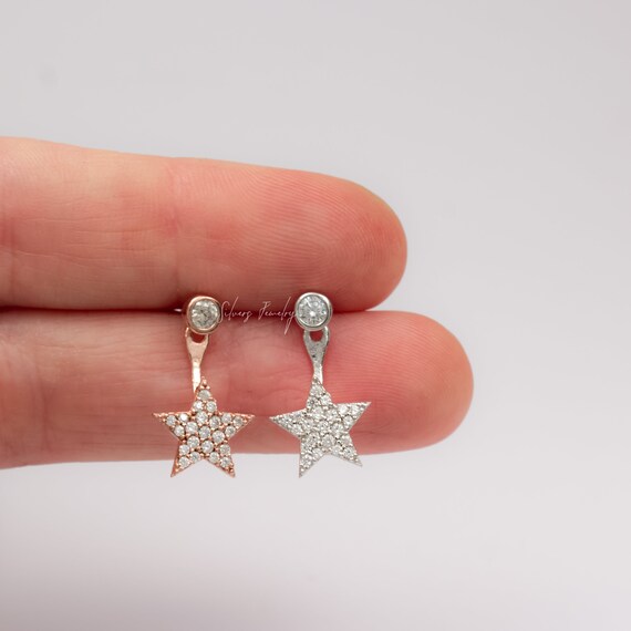 Sterling Silver Little Star Ear Jacket Earrings, Front Back