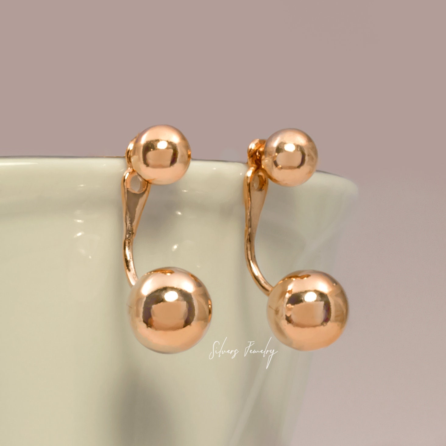 Sterling Silver Ear Jacket Earrings With Double Ball, Ear