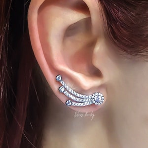 Sterling Silver climber three flower branch earrings. ear crawler, clear cubic zircon bar wrap, ear pin cuff