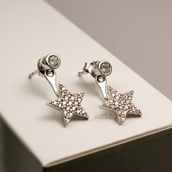 Sterling Silver Little Star Ear Jacket Earrings, Front Back
