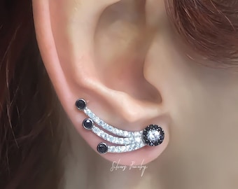 Sterling Silver flower branch climber earrings. cuff ear crawler, pave clear black cubic zircon bar wrap, ear pin, bridesmaid gift