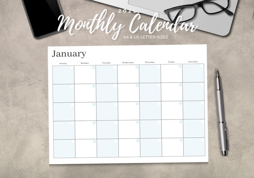 2021 Monthly Calendar Planner Printable PDF A4 and US Letter Size
