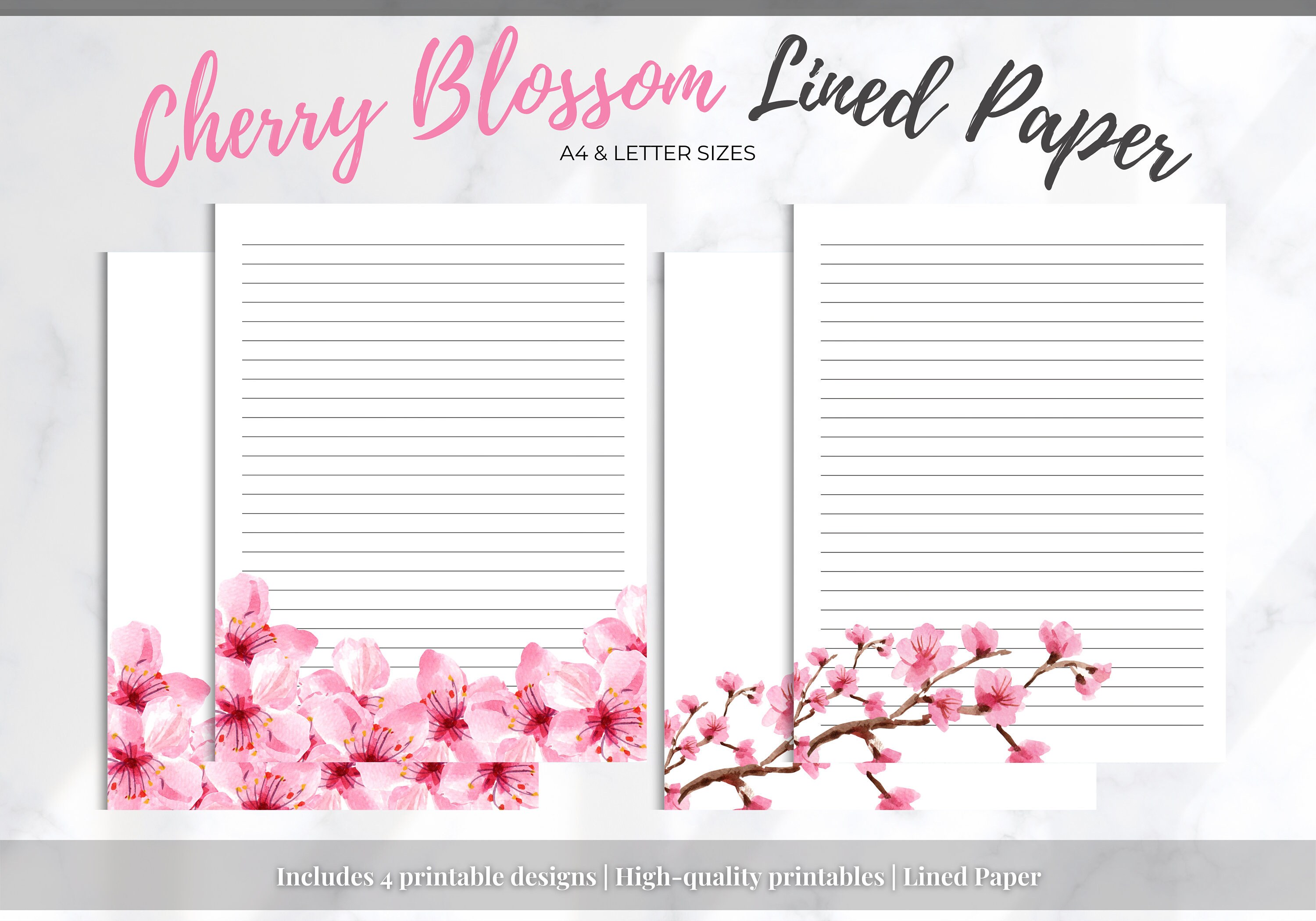 Lined Paper for Note Taking Printable Cherry Blossom Flowers A4 A5 &amp; US ...