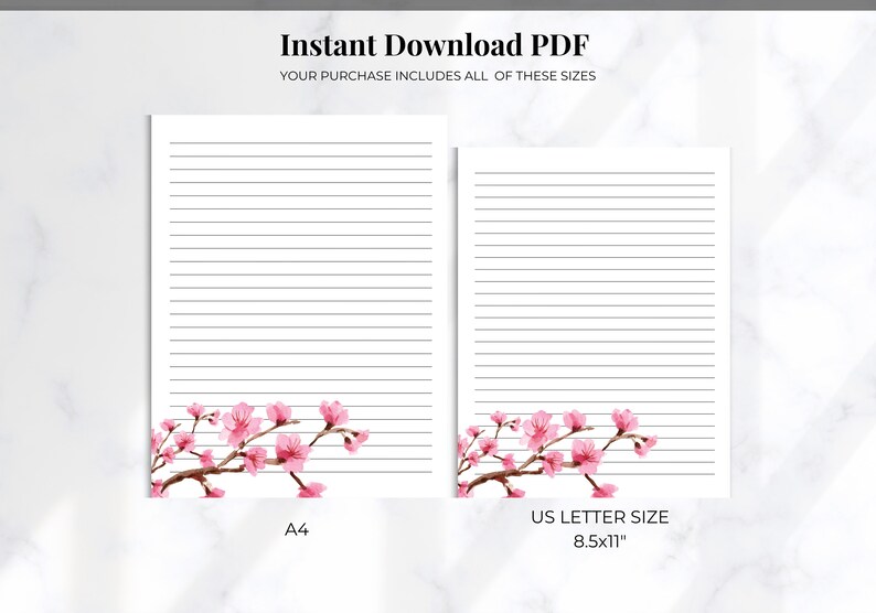Lined Paper for Note Taking Printable Cherry Blossom Flowers A4 A5 &amp; US ...