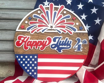 Happy July 4th Welcome Sign Laser File, Door Hanger Svg, Glowforge Svg, Front Door Svg, Patriotic Laser File, Round Sign Svg, Laser Cut File