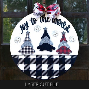 Alegría para el mundo Svg, Letrero de bienvenida de Navidad Svg, Glowforge Svg, Colgador de puerta Svg, Letrero redondo Svg, Buffalo Plaid Svg, Archivo cortado con láser