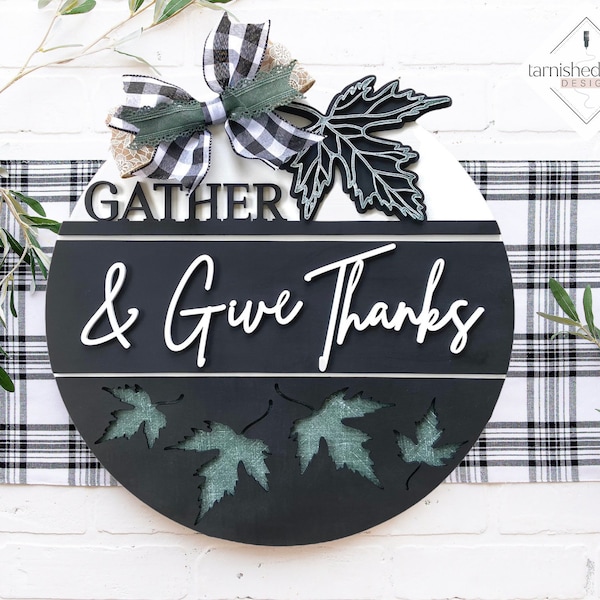 Gather and Give Thanks Svg, Fall Leaves Svg, Door Hanger Svg, Front Door Svg, Round Sign Svg, Fall Glowforge Svg, Fall Laser Cut Files