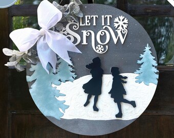 Christmas Glowforge Svg, Let It Snow Svg, Ice Skaters Svg, Christmas Welcome Sign Svg, Door Hanger Svg, Round Sign Svg, Laser Cut File