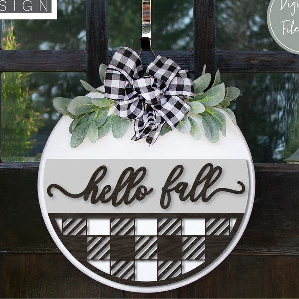 Plaid Hello Fall Svg, Plaid Welcome Svg, Door Hanger Svg, Front Door Svg, Round Sign Svg, Fall Glowforge Svg, Fall Laser Cut Files