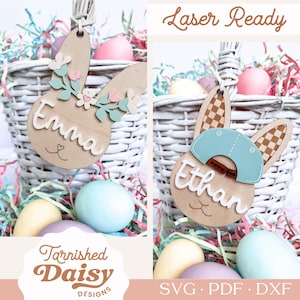 Porte-nom personnalisé Pâques panier lapin, lapin avec couronne florale, lapin avec casquette de baseball, porte-nom personnalisé, découpe laser notation SVG