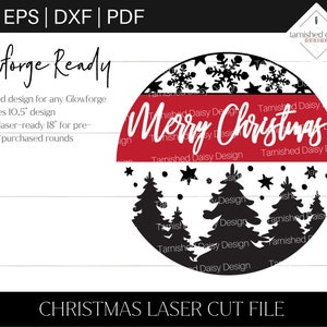 May include: A red and black circular design with the text "Merry Christmas" and a snowflake pattern. The design also includes a silhouette of three pine trees with stars and snowflakes.