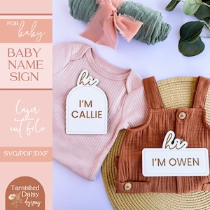 SVG Holz Baby Geburtsanzeige, Laser geschnitten Datei, Geburtsschild, Baby Namen Zeichen, Hallo mein Name ist, Neugeborene Foto Requisite, Schild für Krankenhaus