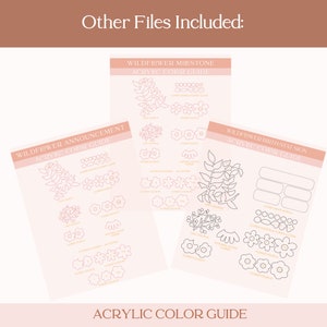 May include: Three printable acrylic paint color guides for a wildflower milestone, announcement, and birth stat sign. Each guide features a line drawing of a wildflower with numbered areas for different paint colors.