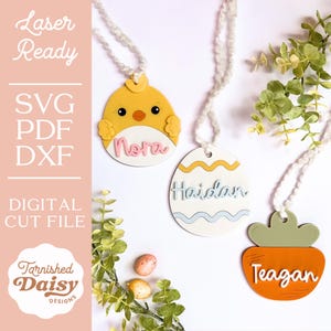 Conjunto de etiquetas de nome de cesta de Páscoa personalizada, etiqueta de cesta de Páscoa cenoura SVG, ovo de Páscoa, etiqueta de pintinho de primavera, menino, menina, arquivo de corte a laser de acrílico de madeira