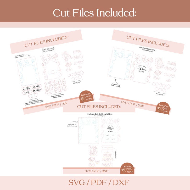 May include: A digital download of cut files for a baby milestone sign, a birth announcement sign, and a dry erase birth stat hospital sign. The files are available in SVG, PDF, and DXF formats. The designs feature floral wreaths and the text "Our Little One Has Arrived".
